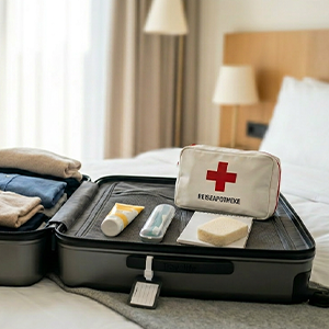 Im geöffneten Reisekoffer liegen Materialien für die Reiseapotheke bereit.